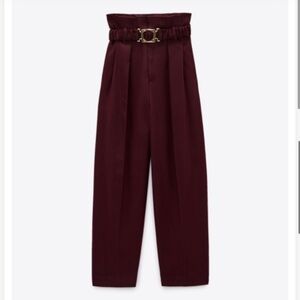 Zara Burgundy Paperbag‎ Waist Belted Trousers High Rise Wide Leg Pants NWT S